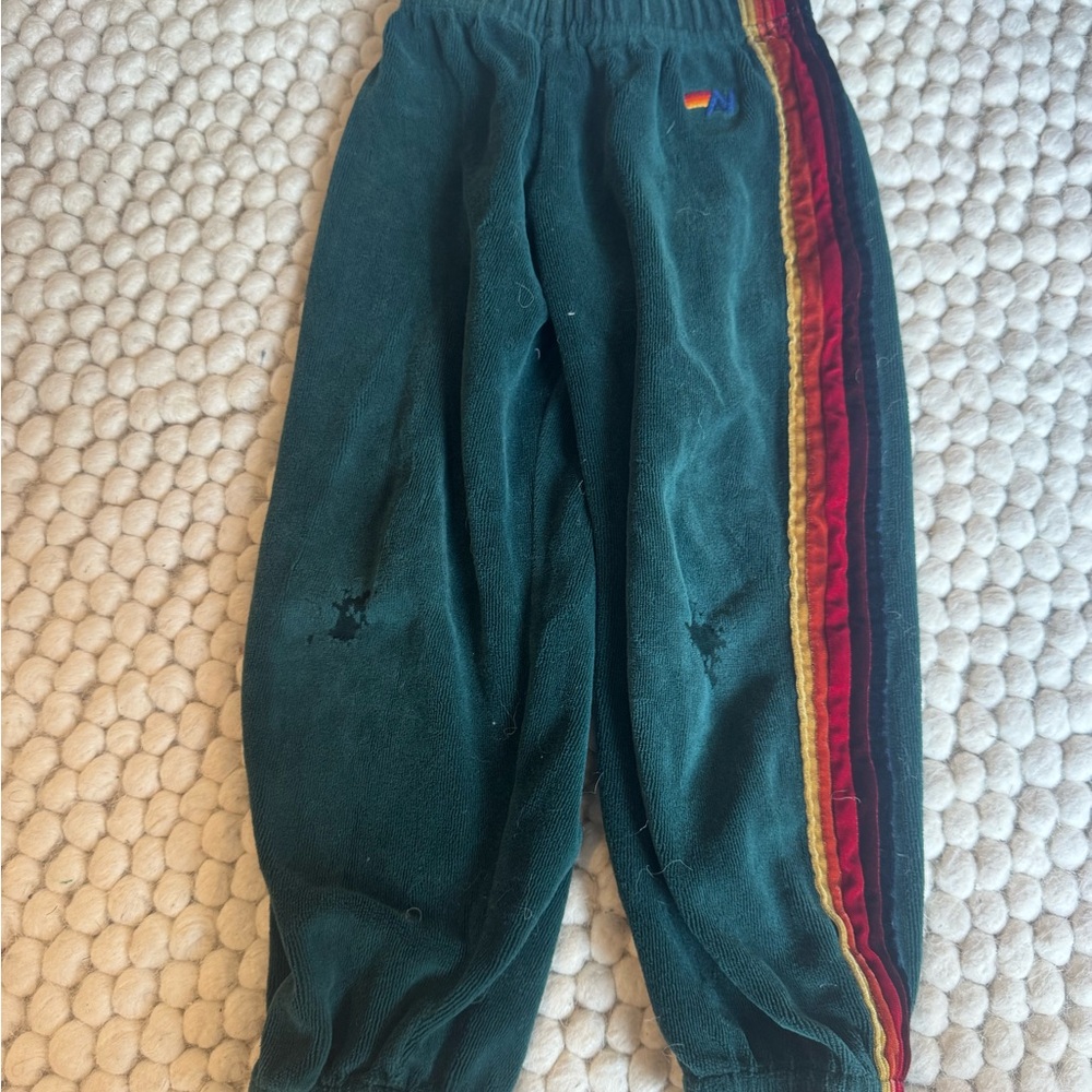 Aviator Nation Green Sweatpants with Red and Gold Stripes